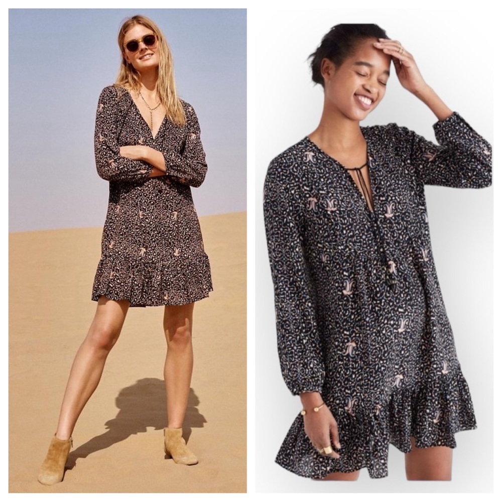 madewell silk fiesta paisley print ruffle keyhole tie mini dress